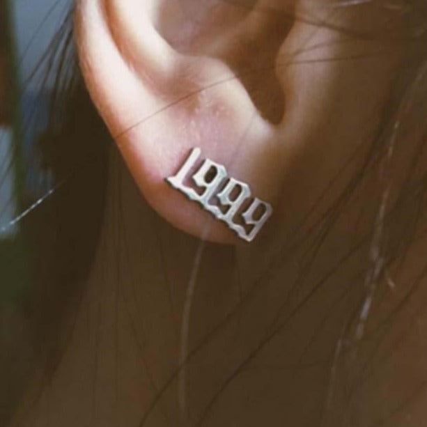 Silver Old English Year Earrings