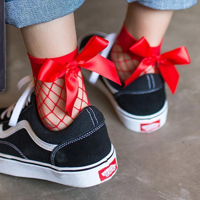 Bow Tie Fishnet Ankle Socks