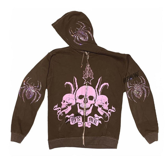 Rhinestone Spider Skull Zip Up Hoodie