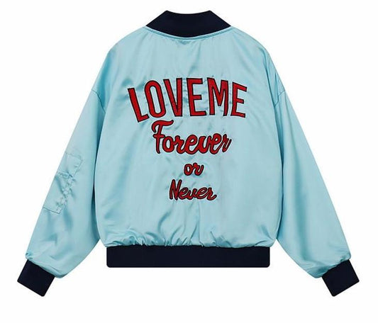 Love Me Forever Or Never' Embroidered Bomber Jacket