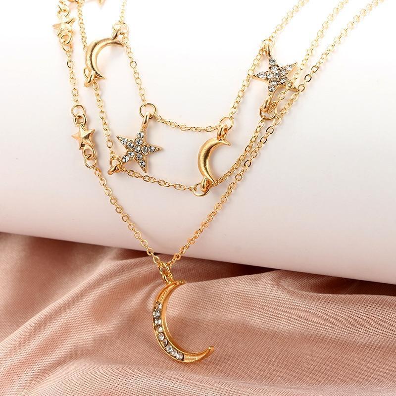 Moon And Stars Choker Necklace 2 Pc Set