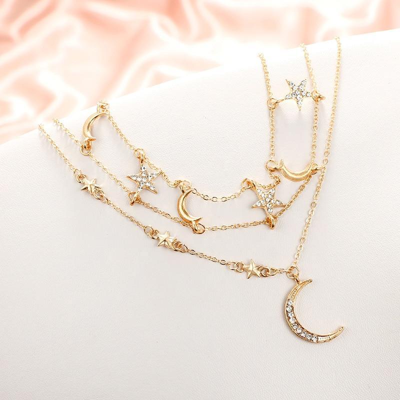 Moon And Stars Choker Necklace 2 Pc Set