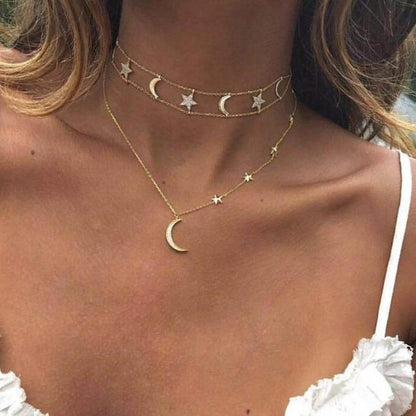 Moon And Stars Choker Necklace 2 Pc Set